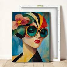 1pc Framed Canvas Wall Art Poster Abstract Colorful Modern A Woman Wearing Sunglasses And A Flower In Her Hair Wall Art For Living Room Bedroom Bathroom Kitchen Apartment Hotel, Artful Home Decoration - Framed, Vertical