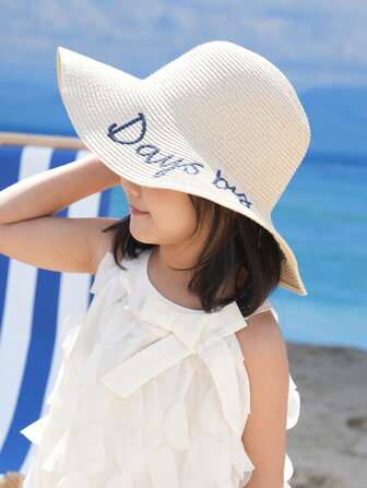 1 Pc Girls' Large Brim Solid Color Sun Hat, Contrast Color Letter Accents, Minimalist Design, Suitable For Outdoor, Beach, Daily Use, Spring & Summer