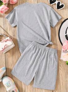 Tween Girl Cartoon Print Short Sleeve Top And Shorts Set