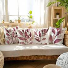 4 piezas Funda de almohada con estampado de hojas en acuarela rosa y púrpura, de 17.7*17.7in (45*45cm) / 19.69*19.69in (50*50cm), de poliéster, impresa por un solo lado, solo funda (sin relleno de almohada), decoración para el hogar, sofá, cama, coche, etc.