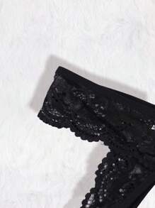 女士黑色性感蕾丝内衣套装 - 蝴蝶结装饰文胸和开裆蕾丝坦加内裤，适合外出穿着 - 黑色 - 查看 10