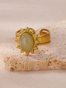 1PC Vintage Green Oval Opal Rings For Women Stainless Steel Gold Color Open Adjustable Wedding Ring Aesthetic Waterproof Jewelry BFF