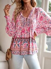 Women's Floral Boho Peasant Blouse With Long Sleeves And Tassel Tie - Pink - View 1