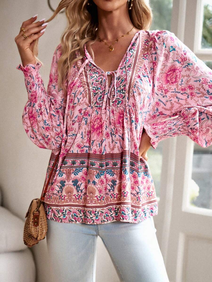 Women's Floral Boho Peasant Blouse With Long Sleeves And Tassel Tie - Pink - View 1