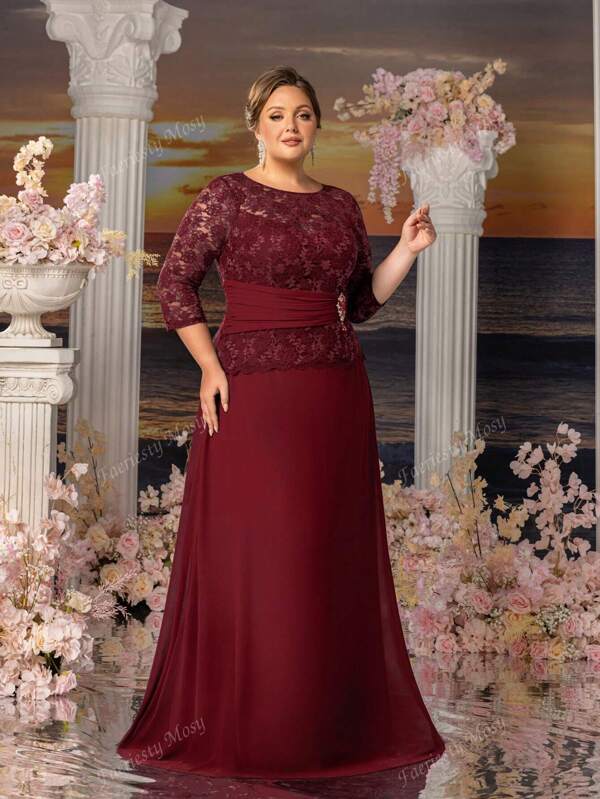 Faeriesty Mosy Plus-Size Round-Neck Long-Sleeve Lace Evening Gown With Sculpted Fish-Tail Skirt – Formal Wedding Guest Dress, Black-Tie Gala Attire, Opera Night Ensemble, Red-Carpet Eveningwear, Luxury Bridesmaid Gown