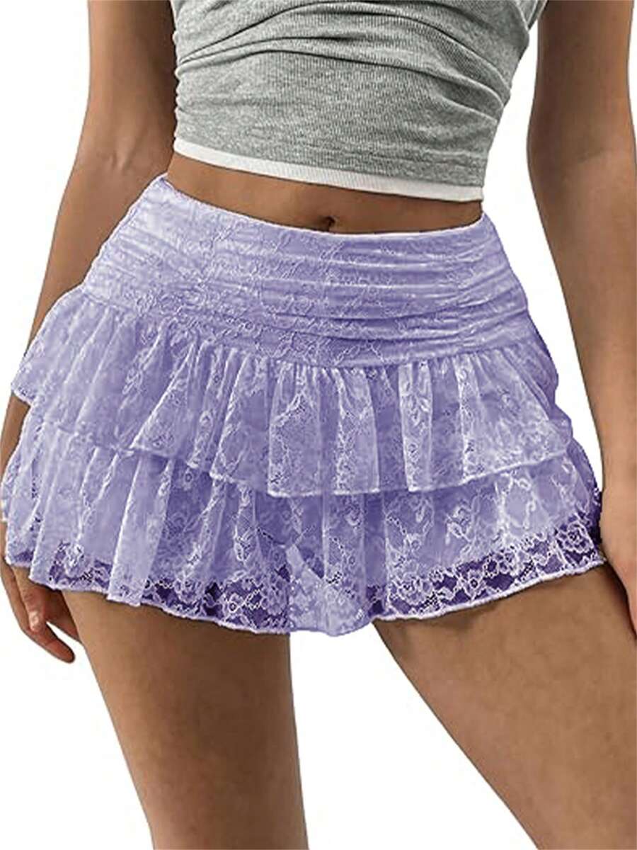 Women's Summer Lace Floral Skirt High Rise Tiered Ruffled Flowy Short Mini A Line Skirt Streetwear - Màu tím - Xem 1