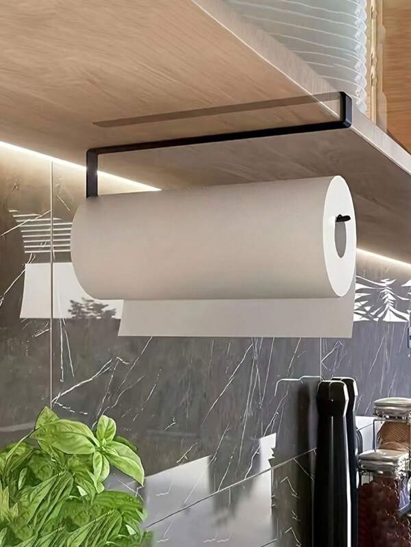 1 Wall Mounted Multifunctional Kitchen Storage Rack For Plastic Wrap, Dish Cloths And Aluminum Foil Dispensers, Convenient Paper Towel Holder