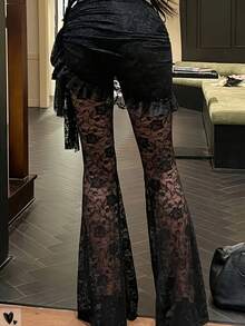Gothic Style Asymmetrical Lace Hollow Out Slim Fit Wide Leg Pants, Fashionable, Comfortable, Casual For Holiday, Party