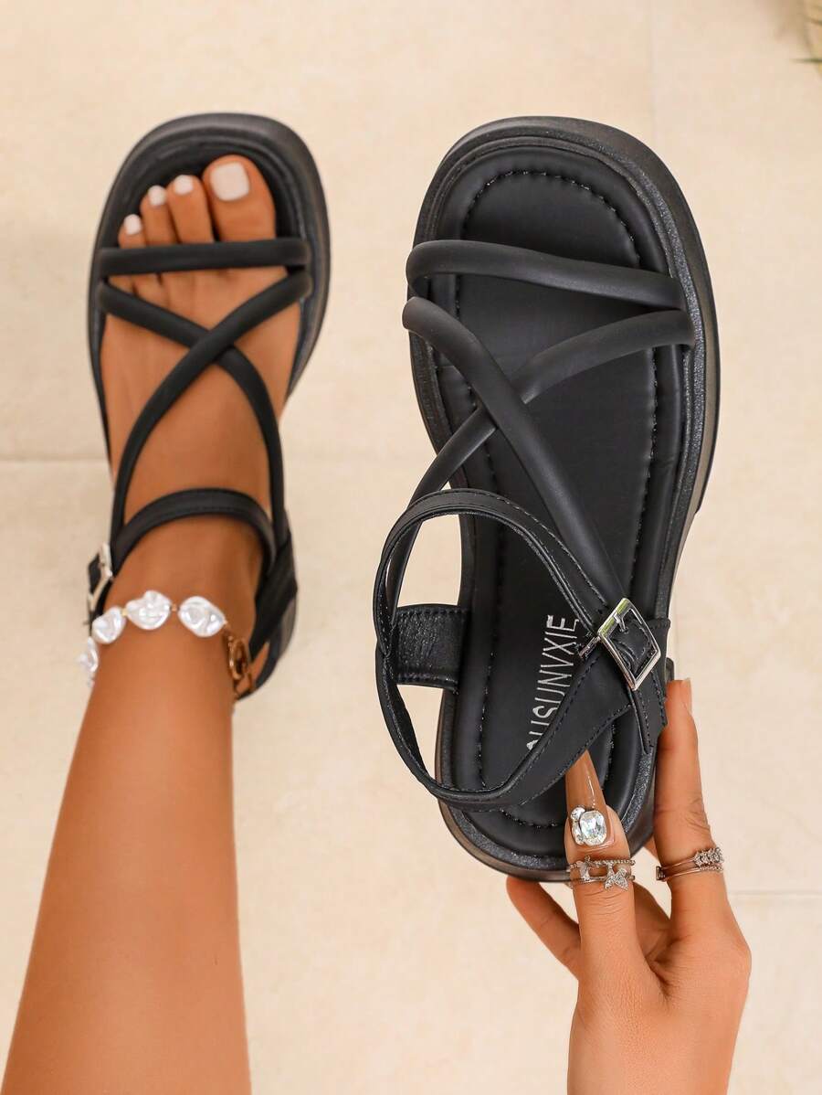 女士厚底厚底凉鞋，新款夏季罗马风格海滩舒适拖鞋，适合户外和日常穿着 - 黑色 - 查看 1