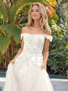 Off Shoulder Garden Lace Wedding Dresses Floor Length Wedding Party Ball Gown Tulle Bridal Gowns With Bone Lace Up Back Women Wedding Gowns Illusion Top, Bride