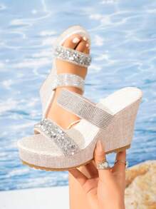 Women's Sandals Summer Wedge Thick Bottom Sparkling Rhinestone Simple Double Straps Waterproof Platform Open-Toe Beach Holiday Casual Outdoor Daily Wear Lightweight Easy Slip-On Mules - Beige - View 1