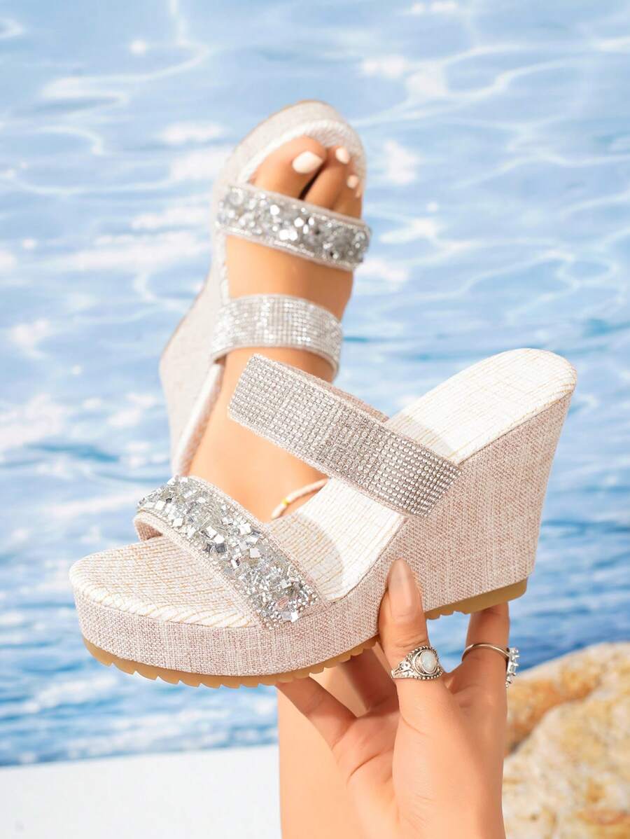 Women's Sandals Summer Wedge Thick Bottom Sparkling Rhinestone Simple Double Straps Waterproof Platform Open-Toe Beach Holiday Casual Outdoor Daily Wear Lightweight Easy Slip-On Mules - Beige - View 1