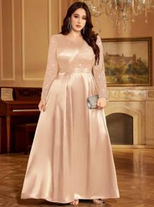 Plus Sequin Lace Contrast Satin Pleated Hem Elegant Prom Evening Party Formal Dress, Wedding Guest Dress, For Birthday, Homecoming, Festivals - Champagne - View 7
