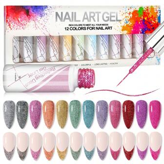Nail Art 8ML Gel Liner Painting Polish Set, 12 Colors Neon Pink Yellow Green Glitter Silver Gold Painted Gel Nail Polish Set Build In Thin Brush Soak Off Curing ,For Salon DIY Nail Design Line Art Gel