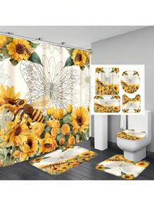1 cái/4 cái Rèm tắm chống thấm nước đa chức năng họa tiết hoa hướng dương phong cách mùa hè có 12 móc, thảm chống trượt cho phòng tắm, thảm trải sàn hình chữ U, nắp bồn cầu tròn, bộ đồ dùng phòng tắm phù hợp với mọi tình huống - Nhiều màu - Xem 11
