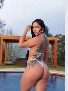 Sexy Tanning Ribbon Bikini Set With Adjustable Thin Strap And Suplex Thong Summer Fashion 2025 - 白色 - 查看 2