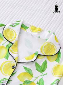 2 件大码女式柠檬印花短袖翻领纽扣睡衣套装，宽松松紧腰短裤，睡衣和家居服，适合丰满女士，适合派对、户外和居家穿着