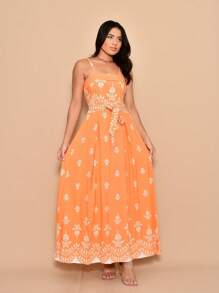 Long Dress With Printed Viscose Lastex Straps On The Back - 駝色 - 查看 1