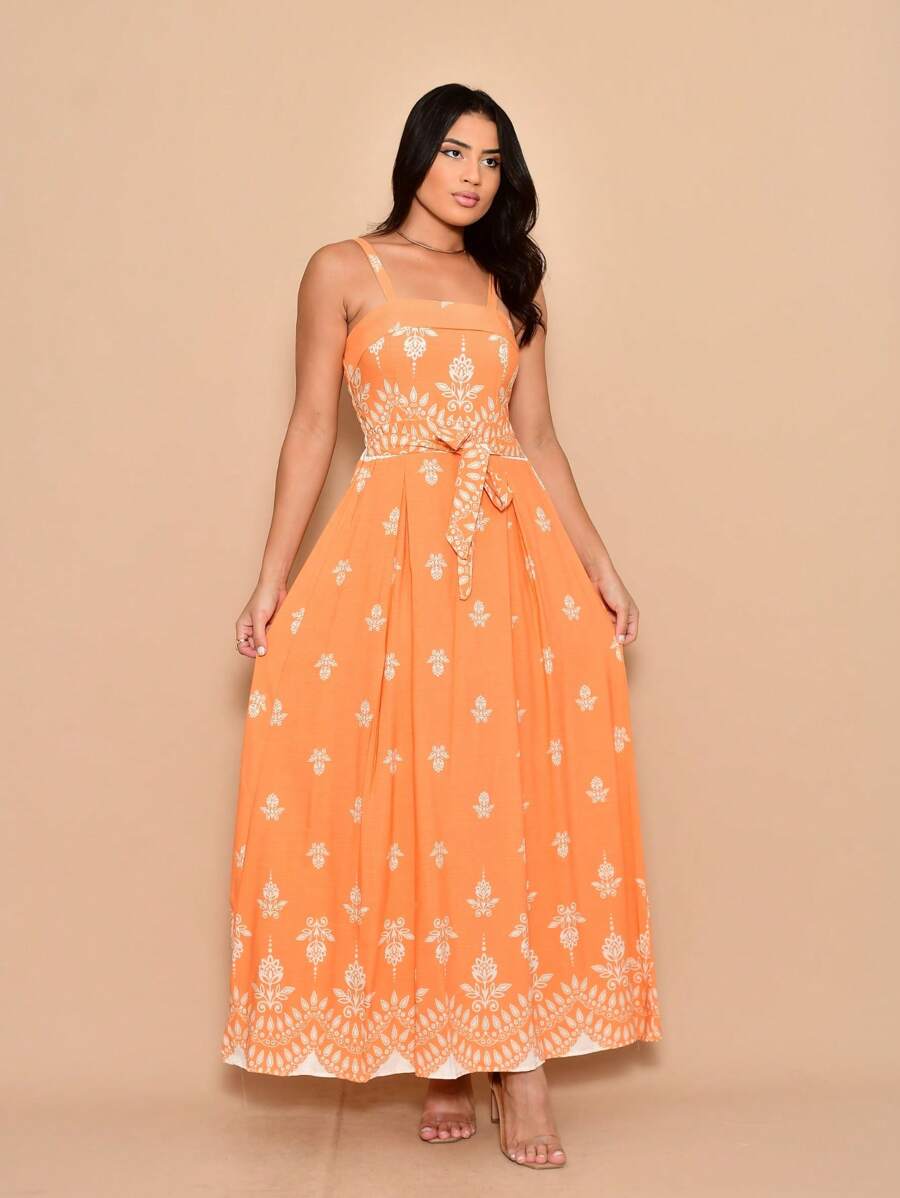 Long Dress With Printed Viscose Lastex Straps On The Back - 駝色 - 查看 1