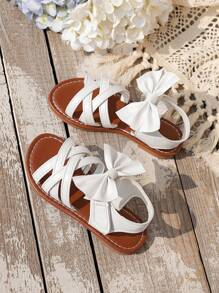 Girls Flat Sandals With Striped Woven Strap & Bow Decor, Lightweight Anti-Slip Comfortable Fashionable For Outdoor Play, Home, Beach, Vacation - White - View 2