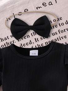 Baby Girl 3pcs Set: Black Ribbed Cap Sleeve Shirt, Butterfly Decor Elastic Waist Denim Skirt And Hair Tie Suit