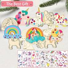 35 件独角兽木制工艺品套装，独角兽工艺品套装，生日工艺品，含 18 块独角兽木块、3 颗水钻、12 支彩色铅笔、2 张贴纸，DIY 工艺品制作