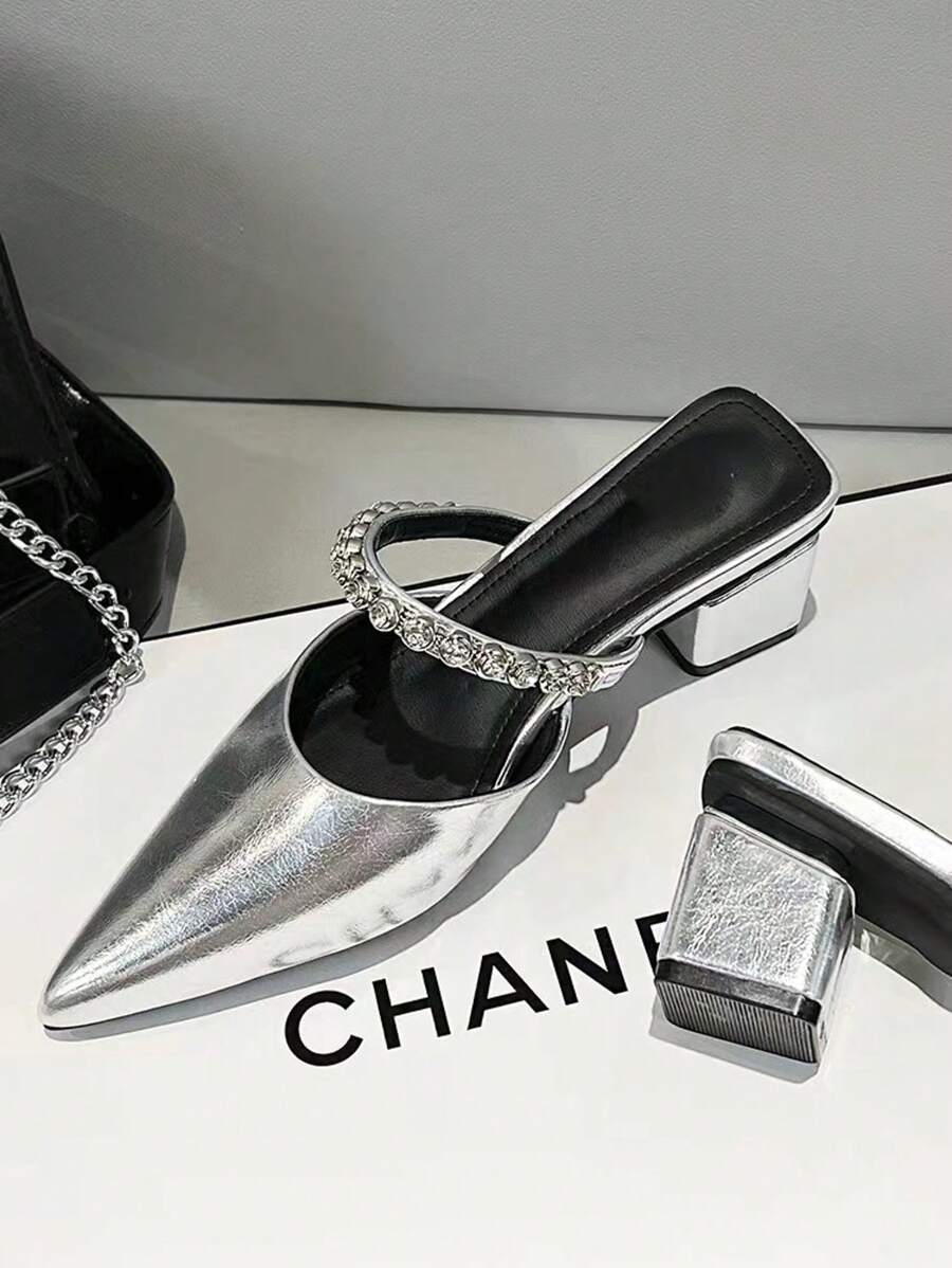 2025 New Arrival French Elegant Crystal Strap Slip-On Mule Heels, Pointed Toe | 2025 Summer New French Gorgeous Pointed Toe Crystal Silver Mid Heel Slide Sandals | 2025 New French Elegant Rhinestone Pointed Toe Thick Heel Slide Sandals, Summer - Silver - View 1
