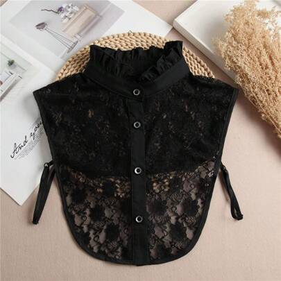 1件女士黑色蕾丝荷叶边可拆卸可调节休闲复古假领，适合春秋季穿着，舒适透气，也适合搭配连衣裙或圣诞装饰
