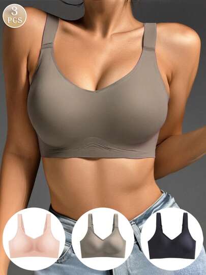 3pcs/Pack Women Push Up Wireless Seamless Bras, Minimizer Comfortable Seamless Plus Size Breathable Sports Seamless Bras