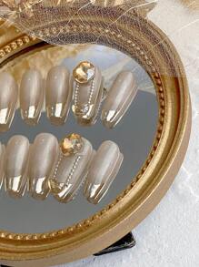 10 Pieces Of Custom Press-On Long Nails, Four Seasons Nail Art, Wedding Season Nail Art New Fashion DIY Cat Eye Nails, Gold French Edge Pattern Design, Gold Crystal Nail Accessories, Gold Nails Detachable Reusable Nail Supplies, Nail Powder, Nail Glitter Suitable For Girls, Ladies To Use On Stage, Dance Party, Party, Wedding, Holiday Scenes,Customized Nails; Custom Text; Custom Images.