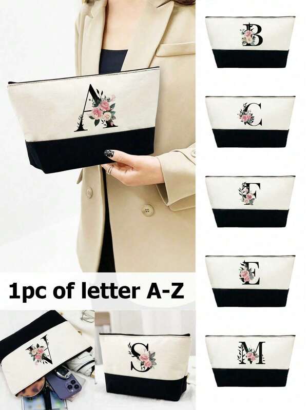 Damen Handtaschen, Kosmetiktaschen und Münzbörsen Muster mit schwarz-weißem Patchwork-Initialen-Rose, Geschenke für Ihre besten Lehrer, wiederverwendbare Clutch-Taschen, einfache Damen-Reise-Kosmetiktaschen mit großer Kapazität, multifunktionale tragbare Damen-Geschenke Make-up-Reise-Kulturtasche, Organizer-Geschenke mit Reißverschluss für Zubehör, Nagel- und Make-up-Tasche