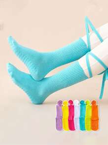 1/8 双装纯色瑜伽袜，带绑带，专业防滑袜，适用于瑜伽、普拉提、健身、体操，也适合日常穿着，透气中筒袜 - 彩色 - 查看 3