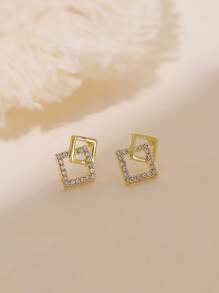 1 Pair Minimalist Geometric Square Stud Earrings With Rhinestones, Suitable For Women Daily And Festival Wearing - Gold - View 2