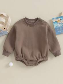 Mono de bebé de manga larga con cuello redondo, liso, informal, para otoño, para niñas y niños - Marrón oscuro - Ver 2