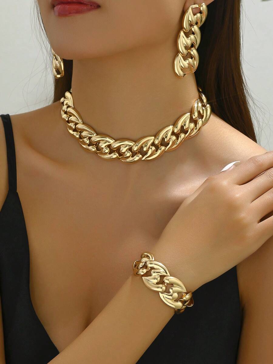 Fashionable Luxury Charm Metal Chain Earrings Necklace Bracelet Jewelry Set For Women, Gift For New Year Party, Mother's Day, Valentine's Day