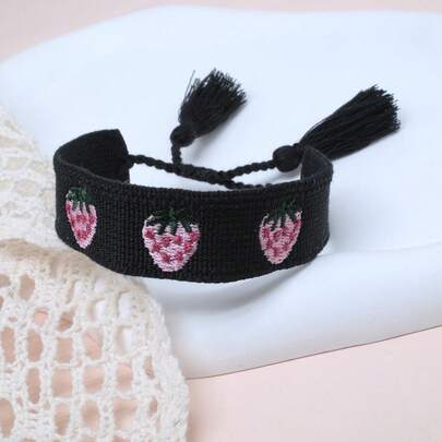 1pc Embroidered Strawberry Handmade Braided Boho Casual Cute Vacation Style Bracelet, Suitable For Family, Friends, Students, Holiday Gifts, Party, Travel, Wedding, Friendship Bracelet