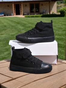 春季儿童帆布鞋，透气学生运动鞋，平底男女通用休闲运动鞋 - 黑色 - 查看 2