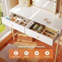 SUPERJARE computadora blanco y dorado de 35.4 pulgadas con 2 cajones, moderno computadora de maquillaje con taburete acolchado, computadora pequeño para computadora de oficina en casa para escribir - 1 - Ver 5