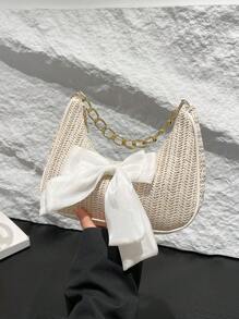Fashion Solid Color Metal Chain & Straw Crescent Moon Women's Multifunctional Handbag With Bow, Scarf Decoration, Casual Straw Beach Bag, Clutch Purse, Cute Bow Bag For Women
