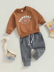 Toddler Boys 2PCS Pants Sets Long Sleeve Letter Rugby Print Sweatshirt Tops And Drawstring Pants - Brown - View 2