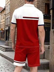 男士商务休闲拼布图案字母印花 Polo 衫和短裤套装