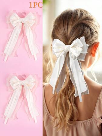 1 件白色大蝴蝶结发夹，丝带长尾发饰，优雅发饰，适合幼儿日常使用