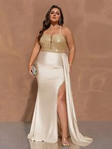 CHOSMO Robe à paillettes avec fermeture éclair sans dos, robe de soirée élégante ajustée avec ceinture en satin à taille haute et fente latérale, robe de bal pour femme, robe de soirée, robe pour invité de mariage, robe de cérémonie - Doré - Voir 7