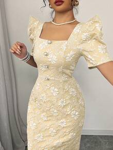 Women's Puff Sleeve Pearl Decor Textured Long Dress - Khaki - View 5