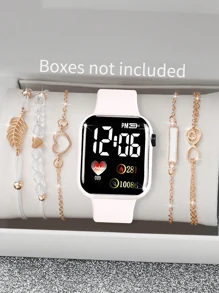 6 Stück/Set 1 Stück neue LED Digital Anzeige Quadratische Elektronische Uhr + 5/4 Stück Armband Schwarzes Seil Schwarze Perle Liebe Ziffer 8 Blatt Armband Vintage Stil Schwarzes Geometrisches Quadrat 5 Stück Armband Horoskop, Liebe, Geometrisches Quadrat, Blatt Armband Die beste Wahl für Halloween, Weihnachten, Valentinstag, Muttertag, Feiertagsgeschenke