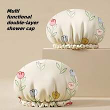 Women's Waterproof Shower Cap, Double-Layer Bath Cap For Home Use, New Thicker Hair Mask Design, Resistant To Moisture And Grease Home Bathroom Decor