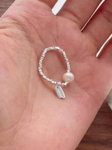 Cincin Mutiara Alami Perak Murni S925 dengan Liontin Keberuntungan dan Tali Elastis untuk Wanita - Perak - View 5
