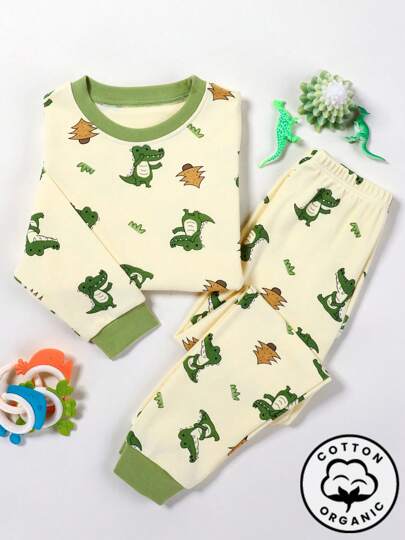 2 sztuki/zestaw dla chłopców, śliczny nadruk aligatora, koszula z długim rękawem i spodnie, zestaw piżam, odpowiedni do noszenia w domu i na zewnątrz, wiosna/jesień