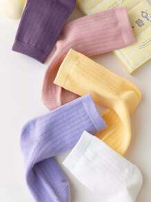 5 Pairs Girls' Solid Color Striped Mid-Calf Socks, Spring/Autumn Candy Color Dopamine Student Socks, Cute Casual Versatile Breathable Athletic Socks