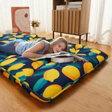 Twin/Full Size Japanese Futon Mattress, Modern Foldable Thick Tatami Floor Mat With Lemon Pattern, Portable Washable Sleeping Mat With Comfortable Foam For Camping, Dormitory, Blue Black Light Grey